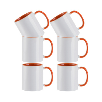 Set of 6 ceramic 330 ml mugs with orange interior and handle for printing