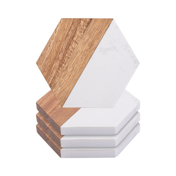 Set of 4 hexagonal marble and wood cup coasters for engraving