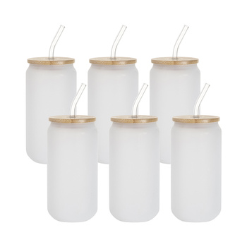 Set of 6 550 ml frosted glass glasses with straw and bamboo lid for printing