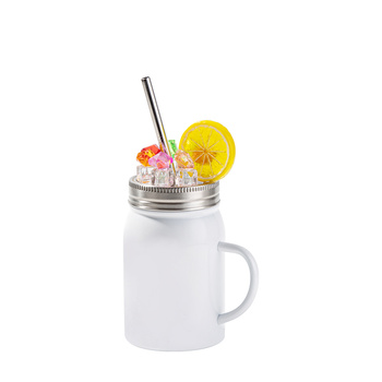 Mason Jar 500 ml mug with straw and handle - white, lid with artificial ice and lemon