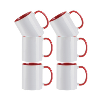 Set of 6 ceramic 330 ml mugs with red interior and handle for printing