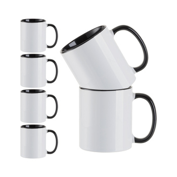 Set of 6 ceramic 330 ml mugs with black interior and handle for printing