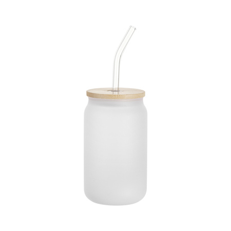 Set of 6 400ml frosted glass glasses with straw and bamboo lid for printing