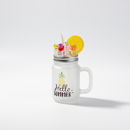 Mason Jar frosted glass mug - lid with artificial ice and lemon