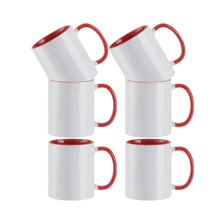 Set of 6 ceramic 330 ml mugs with red interior and handle for printing