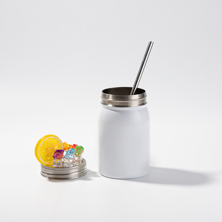 Mason Jar 500 ml mug with straw - white, lid with artificial ice and lemon