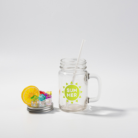Mason Jar glass mug - lid with artificial ice and lemon
