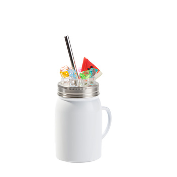 Mason Jar 500 ml mug with straw and handle - white, lid with artificial ice and watermelon