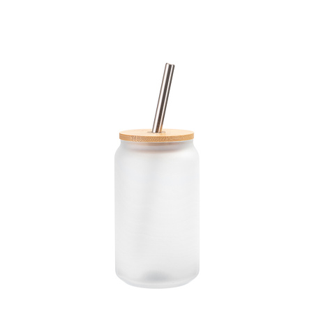 Set of 6 400ml frosted glass glasses with straw and bamboo lid for printing