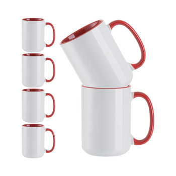 Set of 6 ceramic 450 ml mugs with red interior and handle for printing