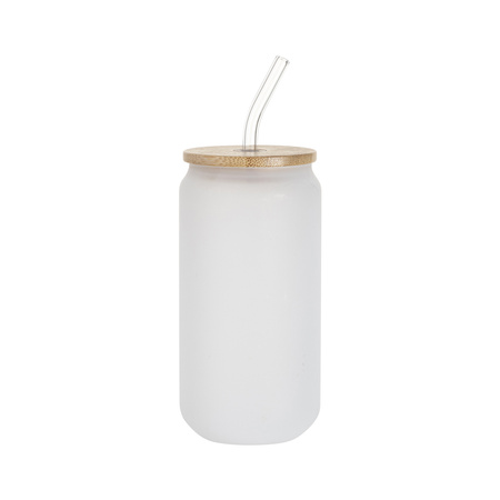 Set of 6 550 ml frosted glass glasses with straw and bamboo lid for printing