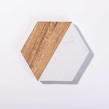Set of 4 hexagonal marble and wood cup coasters for engraving