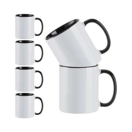 Set of 6 ceramic 330 ml mugs with black interior and handle for printing