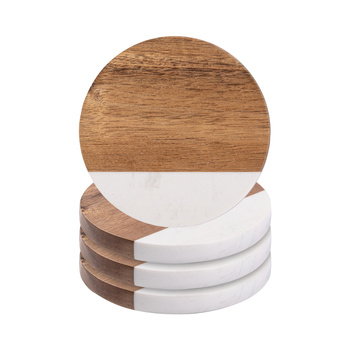 Set of 4 round marble and wood mug coasters for engraving