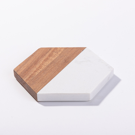 Set of 4 hexagonal marble and wood cup coasters for engraving