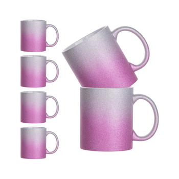 Set of 6 ceramic 330 ml Glitter mugs for printing - silver and pink