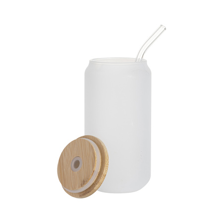 Set of 6 550 ml frosted glass glasses with straw and bamboo lid for printing