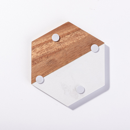 Set of 4 hexagonal marble and wood cup coasters for engraving