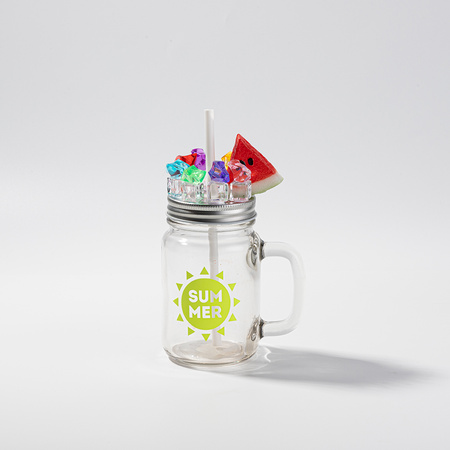 Kubek szklany Mason Jar - pokrywka ze sztucznym lodem i arbuzem
