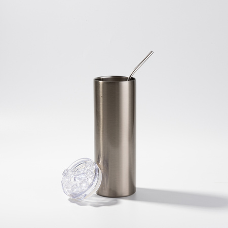 Kubek 600 ml ze słomką - srebrny, pokrywka ze sztucznym lodem