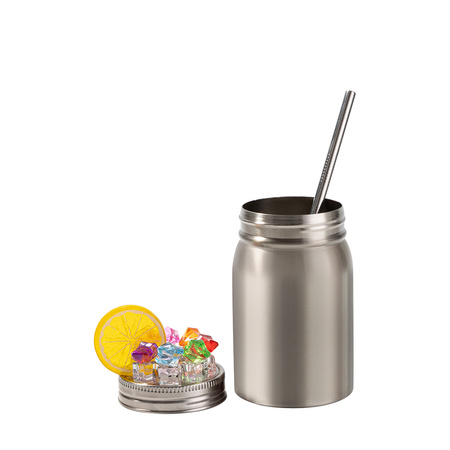 Mason Jar 500 ml mug with straw - silver, lid with artificial ice and lemon
